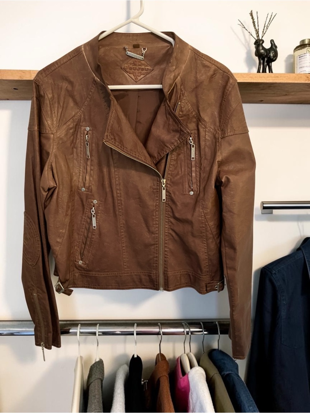 IN EXCELLENT CONDITION! VINTAGE JOU JOU BROWN VEGAN LEATHER MOTO JACKET SIZE XL